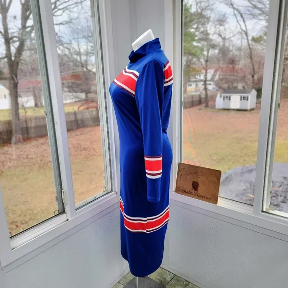 Royal Blue Red & White Ribbed Striped Mock Neck Maxi Column Knit Dress - Picture 9 of 16